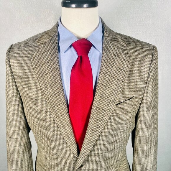 Joseph Abboud Blazer Mens 40R Beige Wool Glen Plaid Sport Coat Jacket Union - Picture 1 of 15